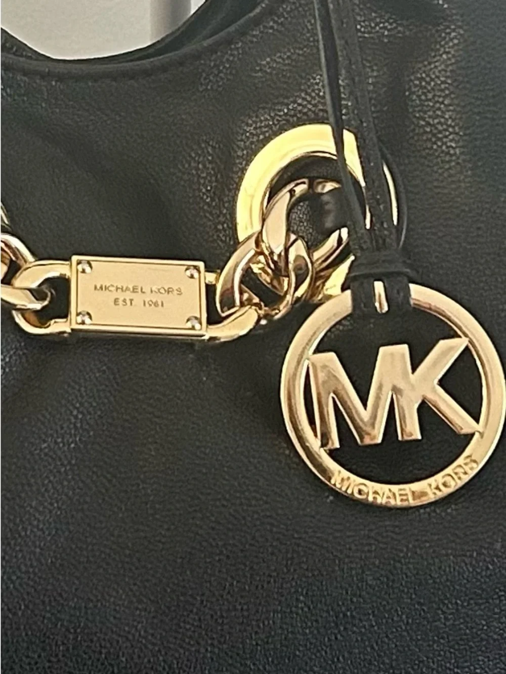 Michael Kors Black Pebbled Leather Gold Chain Grommet Hobo Shoulder Bag